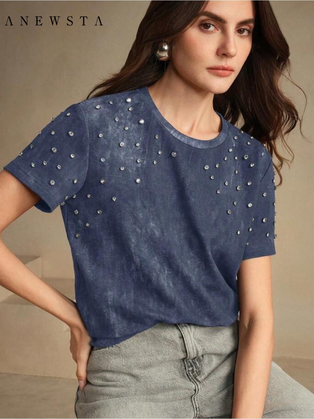 Women’s Blue Embellished Tie Dye Short Sleeve T-shirt
